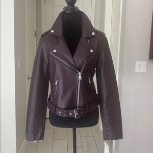 Levi's Belted Faux Leather Moto Jacket Burgundy Asymmetrical Zip Women's S NWT